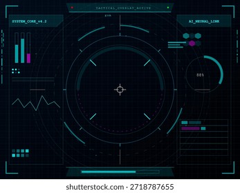 Una pantalla de superposición táctica destaca la versión 4.2 del núcleo del sistema y muestra el Estado de Enlace neuronal de IA. Los gráficos de datos y los medidores presentan información en tiempo real en una interfaz tecnológica.