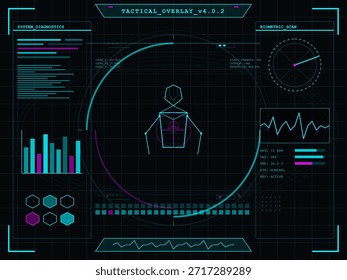 Una superposición táctica se muestra en una pantalla, mostrando diagnósticos del sistema y un escaneo biométrico. Gráficos e iconos proporcionan datos en un entorno tecnológico por la noche.