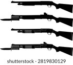 Tactical Pump Action Shotgun Set with Bayonets and Optics Side View Vector Silhouette Illustration
