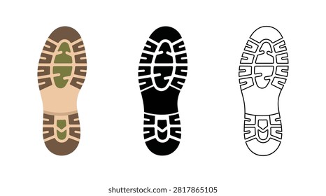 Tactical shoe print variations. Camouflage tread pattern with flat and outline versions showing grip texture details.