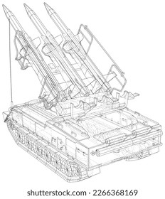 Misil balístico táctico de corto alcance en un camión. Equipo militar especial. Formato EPS10. Vector creado de 3d.