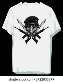 Taktisches Totenkopf-Design auf weißem T-Shirt mit Gewehren und Messern