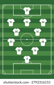 Tactical soccer field layout with player jersey numbers on green pitch background vector