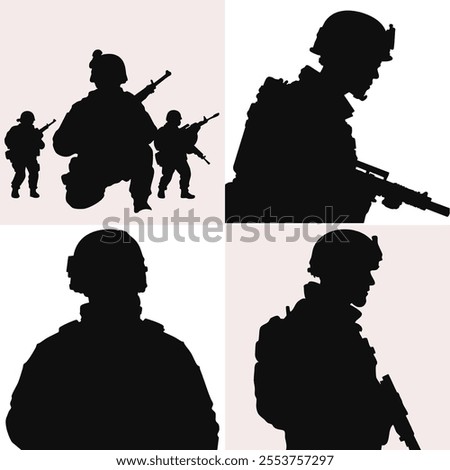Tactical Soldier Silhouettes in Various Poses Quadrant Illustration