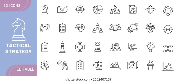 Tactical Strategy Icon Set – Planning, Goal Setting, Mission, Decision Making, Chess, Map, Target, Leadership, Teamwork, War Room, and Business Tactics in Line Style