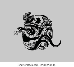 Tactical tattoo helmet, Black and White vector, Illustrator, Military Helmet and Snake Illustration, dark vector tactical