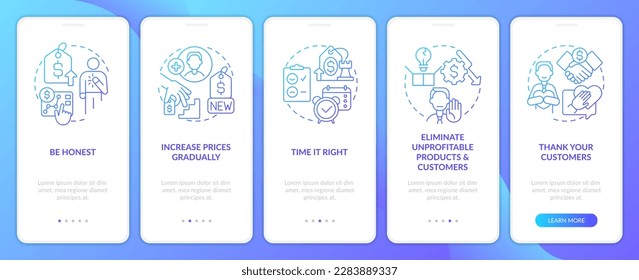 Tácticas para aumentar los precios gradiente azul en pantalla de aplicación móvil. Recorrido 5 pasos instrucciones gráficas con conceptos lineales. UI, UX, plantilla GUI. Multitud de tipos de letra Pro-Bold, con uso regular