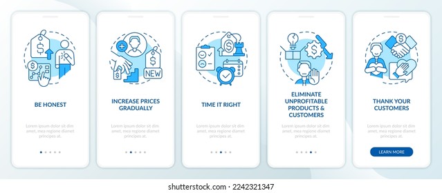 Tactics for raising prices blue onboarding mobile app screen. Walkthrough 5 steps editable graphic instructions with linear concepts. UI, UX, GUI template. Myriad Pro-Bold, Regular fonts used