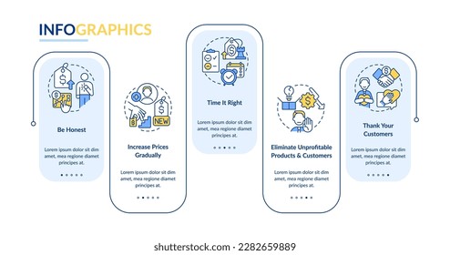 Tactics for raising prices blue rectangle infographic template. Data visualization with 5 steps. Editable timeline info chart. Workflow layout with line icons. Lato-Bold, Regular fonts used