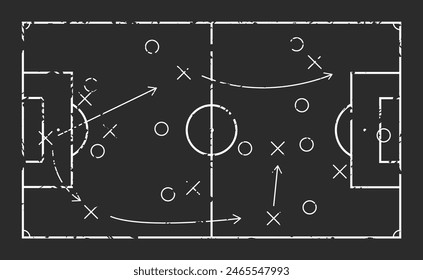 Taktik-Schema für Fußballmannschaft, Kreide ziehen an Bord. Vektorgrafik von Aufbauspiel, Paket, Schema Sportstrategie, Taktik Team Blackboard, Fußball, Verteidigung und Offensive, Coaching Illustration