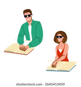 livro de leitura táctil cego braile vetor. alfabetização acessibilidade, educação de inclusão, comunicação de independência táctil livro de leitura braile personagem.