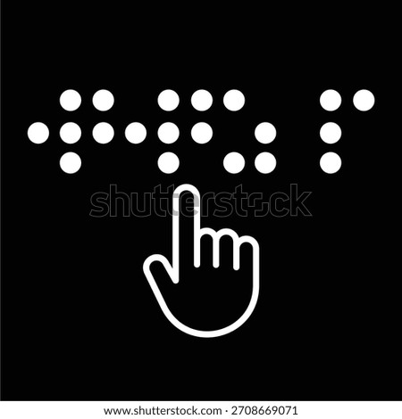 Tactile Braille Reading Icon: A High-Contrast Black and White Graphic Illustrating a Hand Pointer Interacting with a Word Rendered in Braille Dots, Symbolizing Accessibility and Inclusion