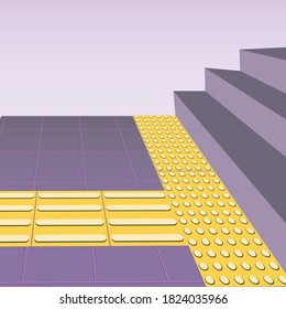 Tactile floor tiles and stairs with steps as a navigation concept for the blind, marking, safety, marking. Flat vector stock illustration with yellow paving slabs