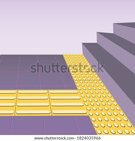 Tactile floor tiles and stairs with steps as a navigation concept for the blind, marking, safety, marking. Flat vector stock illustration with yellow paving slabs