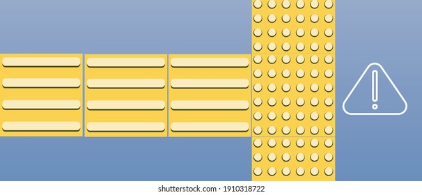 Tactile tiles, attention sign. Flat vector stock illustration. Braille concept, blind navigation, safety. Paving slabs yellow line, arrow. Tactile tiles, sign of dangerous sidewalk
