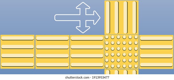 Fliesen, Verzweigungsrichtung. Flache Vektorgrafik. Braille-Konzept, Blindnavigation, Sicherheit. Brammen, gelbe Linie, Pfeil. Tactile Fliesenzeiger für die Ausrichtung der Blinden