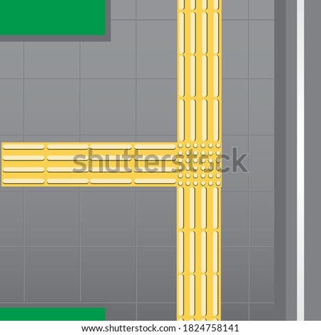 Tactile tiles on the sidewalk and a fork in the pedestrian zone at the edge of the roadway. Flat vector stock illustration with pavement and yellow paving slabs top view