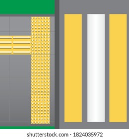 Baldosas táctiles en la acera frente al paso peatonal con navegación de personas con discapacidad ciega. Ilustración plana de material vectorial con aceras, marcas de pavimento amarillo para la seguridad, vista superior