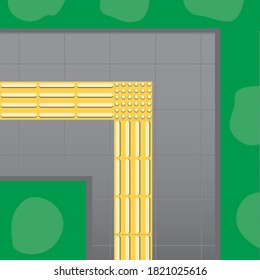 Tactile tiles on the sidewalk and turn of the pedestrian zone with navigation, signage or mark for the blind disabled. Flat vector stock illustration with pavement and yellow paving slabs top view