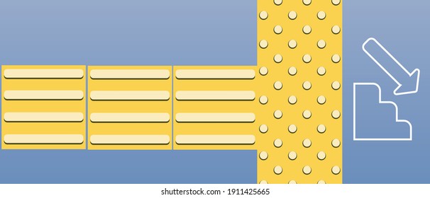 Baldosas táctiles, escaleras abajo. Ilustración de material vectorial plano. Concepto Braille, navegación ciega, seguridad. Paviendo las losas de la línea amarilla, flecha. Baldosas táctiles, escaleras, escalones, abajo