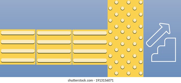 Tactile tiles, stairs up. Flat vector stock illustration. Braille concept, blind navigation, safety. Paving slabs yellow line, arrow. Tactile tiles, stairs, steps, up