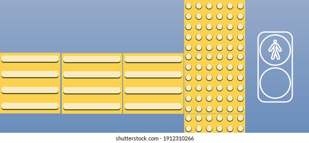 Tactile tiles, traffic light. Flat vector stock illustration. Braille concept, blind navigation, safety. Paving slabs yellow line, arrow. Tactile tiles, sidewalk traffic light for the safety of blind