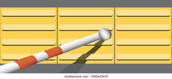 Tactile tiles and walking stick of a blind disabled person. Flat vector stock illustration. A blind's white cane probes Braille, yellow tactile navigation tile. Street navigation. Vector illustration