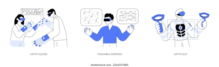 Tactile virtual reality abstract concept vector illustration set. People wearing VR haptic gloves and smart glasses, AR equipment and wearables, touchable surface, gaming suit abstract metaphor.