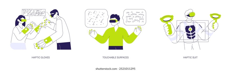 Tactile virtual reality abstract concept vector illustration set. People wearing VR haptic gloves and smart glasses, AR equipment and wearables, touchable surface, gaming suit abstract metaphor.