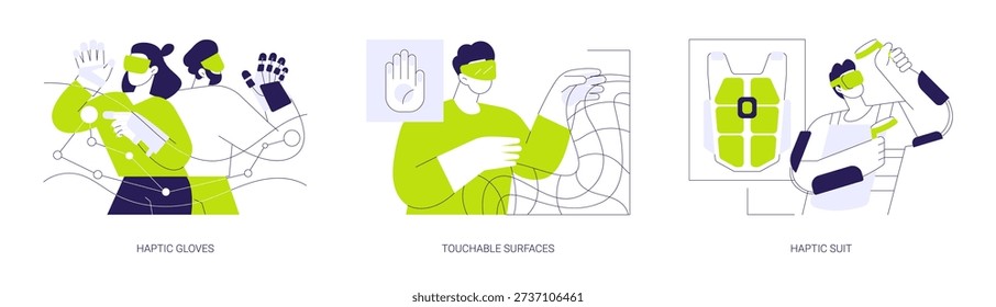 Tactile virtual reality isolated cartoon vector illustrations set. People wearing VR haptic gloves and smart glasses, AR equipment and wearables, touchable surface, gaming suit vector cartoon.