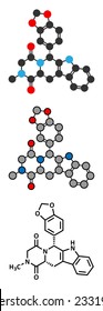 Tadalafil erectile dysfunction drug molecule. Conventional skeletal formula and stylized representations. 