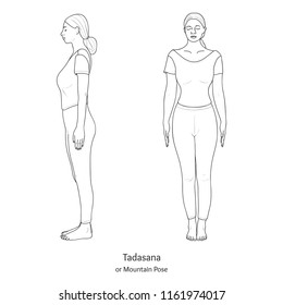 Tadasana or Mountain Pose. Front and Side View. Vector. 