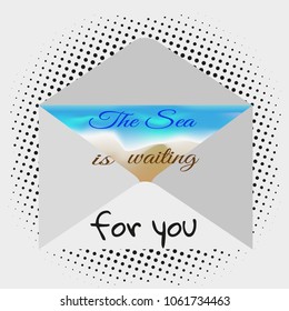 Taditional postal envelope with wish. Image of happy holiday by the sea. Vector drawing for the design of messages, cards, wishes.