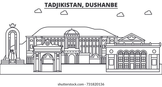 Tadjikistan, Dushanbe architecture line skyline illustration. Linear vector cityscape with famous landmarks, city sights, design icons. Landscape wtih editable strokes