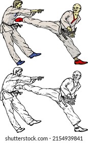 Tae Kwan Do martial art pugilist sparring with each other, isolated against white. Hand drawn vector illustration. 