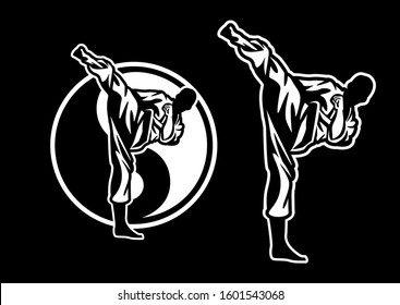 Tae Kwondo Kicking Pose for Martial Arts Academy Logo in Vector Illustration