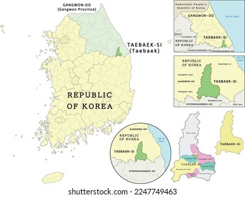 Taebaek-si (Taebaek) location on Gangwon-do (Gangwon Province) and Republic of Korea (South Korea) map. Clored. Vectored