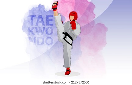 A taekwondo athlete makes a kick. Kimono, helmet, gloves, black belt, attributes of martial arts.