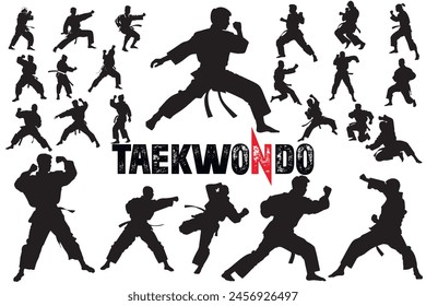 Taekwondo. Athletes silhouettes. Different taekwondo techniques. Olympic games. Battle. Sport. Black isolated vector silhouettes on white background. Sports icons.