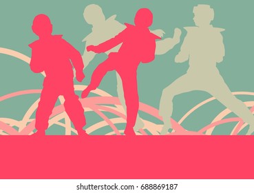 Taekwondo children fight training vector abstract background