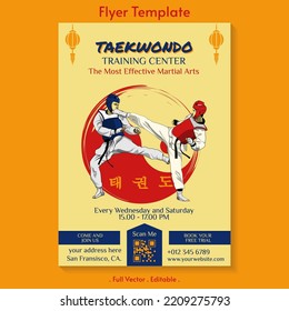 Taekwondo class vector flyer template with "taekwondo" Korean calligraphy, taekwondo means the art of hands and feet