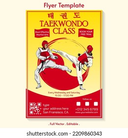 Taekwondo class vector flyer template with "taekwondo" Korean calligraphy, taekwondo means the art of hands and feet