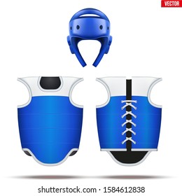 Taekwondo Equipment Set. Helmet With Bodyguard. Front And Back View. Blue Color. Fighting Sport Equipment. Editable Vector Illustration Isolated On White Background.