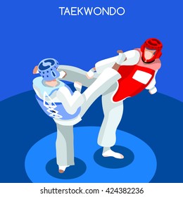 Taekwondo Fight Wrestling Athletes Sportsman Games Icon Set. 3D Isometric Athlete. Sporting Championship People Competition. Infographic Athletic Taekwondo Fight Wrestling events Vector Image