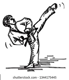 A TaeKwonDo fighter doing a side-kick. Hand drawn vector illustration. 