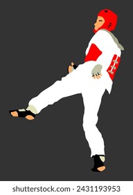 Taekwondo fighter vector  illustration isolated. Sparring training action. Self defense skills exercise. Warriors in the martial arts battle. Sportsman in kimono. Worming up, sport skills.