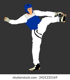 Taekwondo fighter vector  illustration isolated. Sparring training action. Self defense skills exercise. Warriors in the martial arts battle. Sportsman in kimono. Worming up, sport skills.