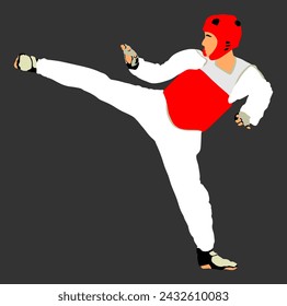 Taekwondo fighter vector  illustration isolated. Sparring training action. Self defense skills exercise. Warriors in the martial arts battle. Sportsman in kimono. Worming up, sport skills.