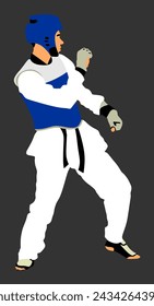 Taekwondo fighter vector  illustration isolated. Sparring training action. Self defense skills exercise. Warriors in the martial arts battle. Sportsman in kimono. Worming up, sport skills.