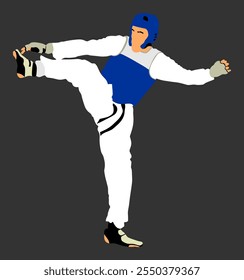 Ilustração de vetor de caça taekwondo isolada. Ação de treinamento de sparring. Exercício de habilidades de autodefesa. Guerreiros na batalha de artes marciais. Desportista de quimono. Worming up, habilidades esportivas.